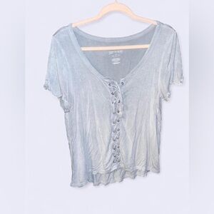 American Eagle Soft & Sexy Lace-Up Tee – Light Blue, Size Large